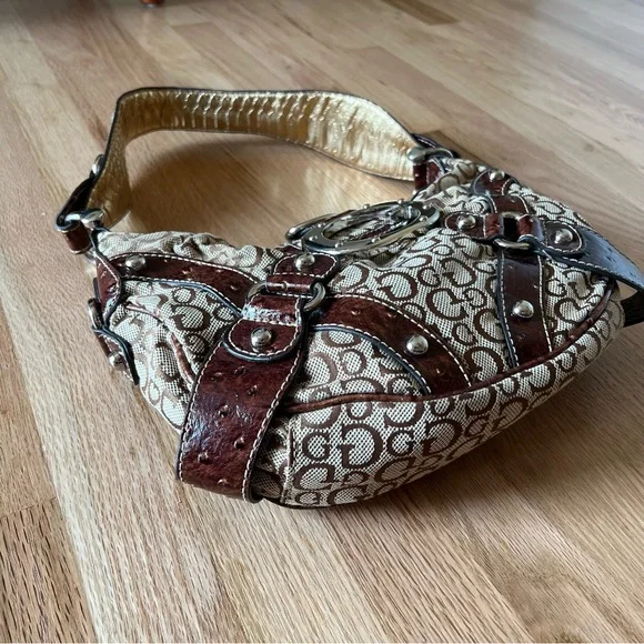 Guess Brown & Tan Shoulder Bag Y2K Linen Handbag - Picture 7 of 15